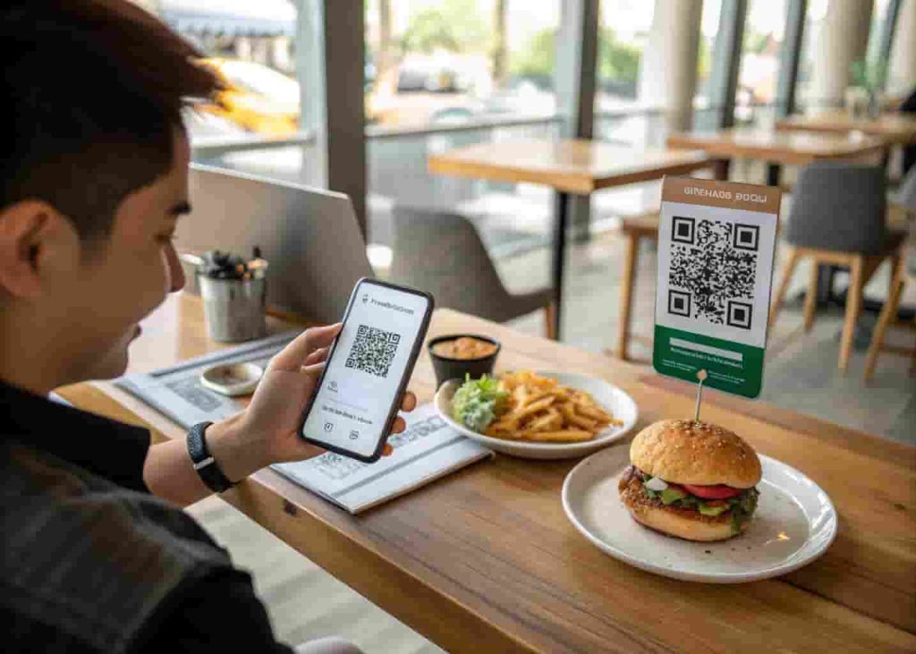A customer using a smartphone to scan a QR code menu at a restaurant table.