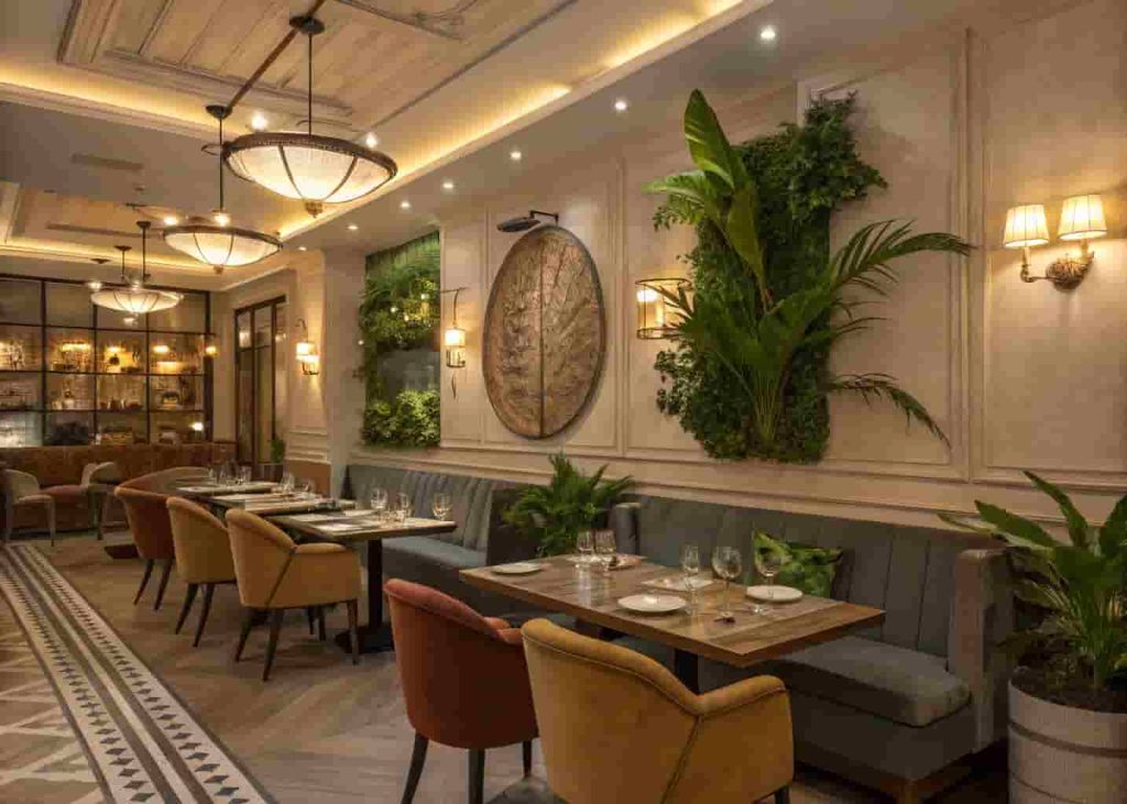 A warm and inviting restaurant interior with comfortable seating, plants, and soft ambient lighting.