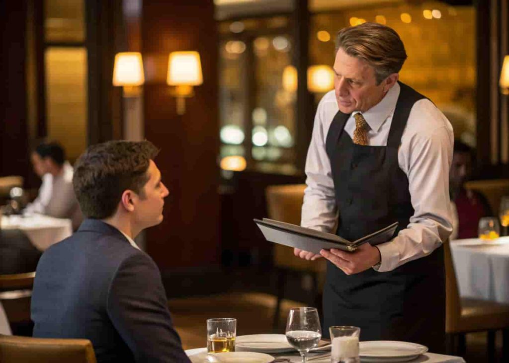 A restaurant manager calmly and professionally addressing a customer complaint at their table.