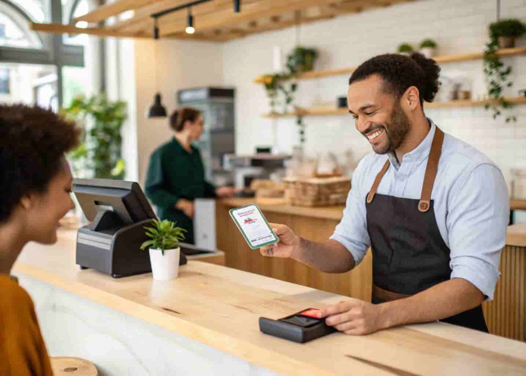 A customer redeeming a restaurant loyalty reward at the counter using their phone app.