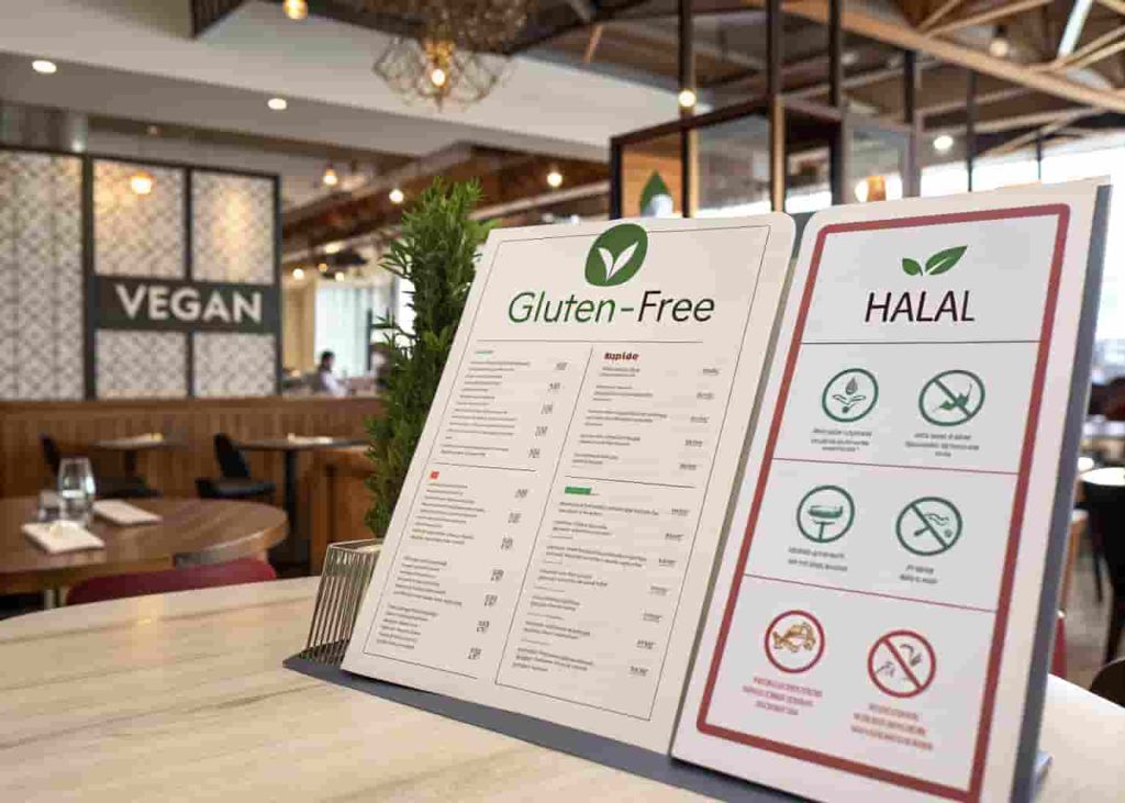 A restaurant menu clearly displaying dietary labels including vegan, gluten-free, and halal options