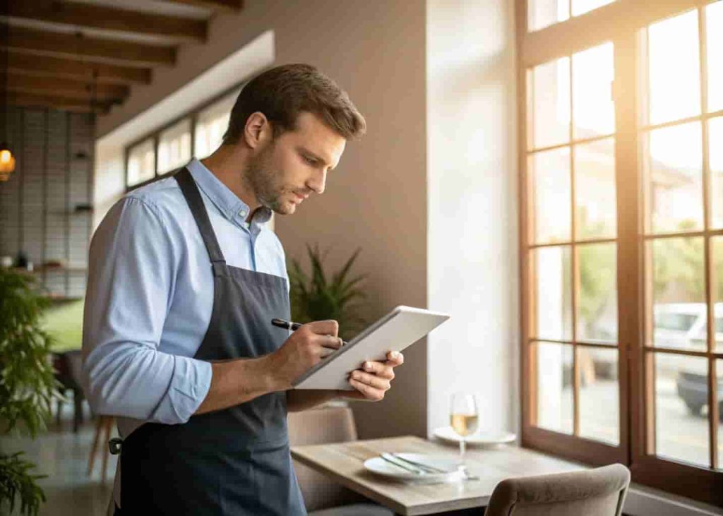 A restaurant owner reviewing customer feedback on a digital device in their office.