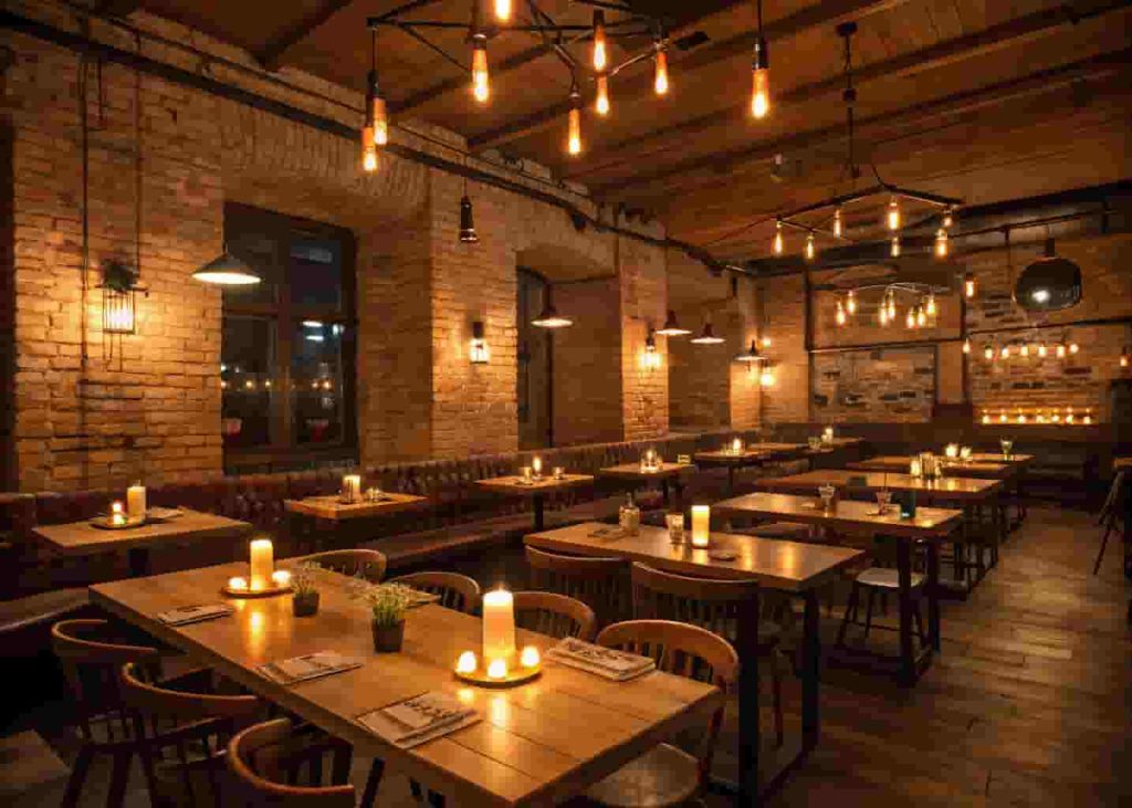 Warm amber Edison bulb lighting inside a cozy restaurant with wooden tables and brick walls
