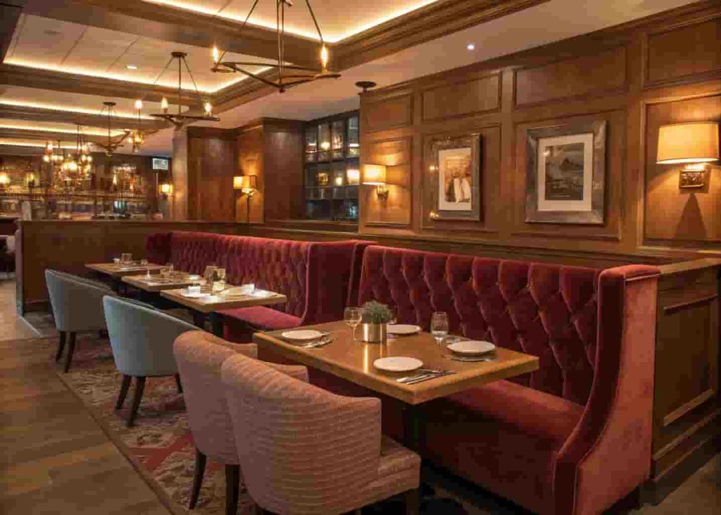 Cozy restaurant interior showing velvet booth seating and cushioned chairs in warm lighting