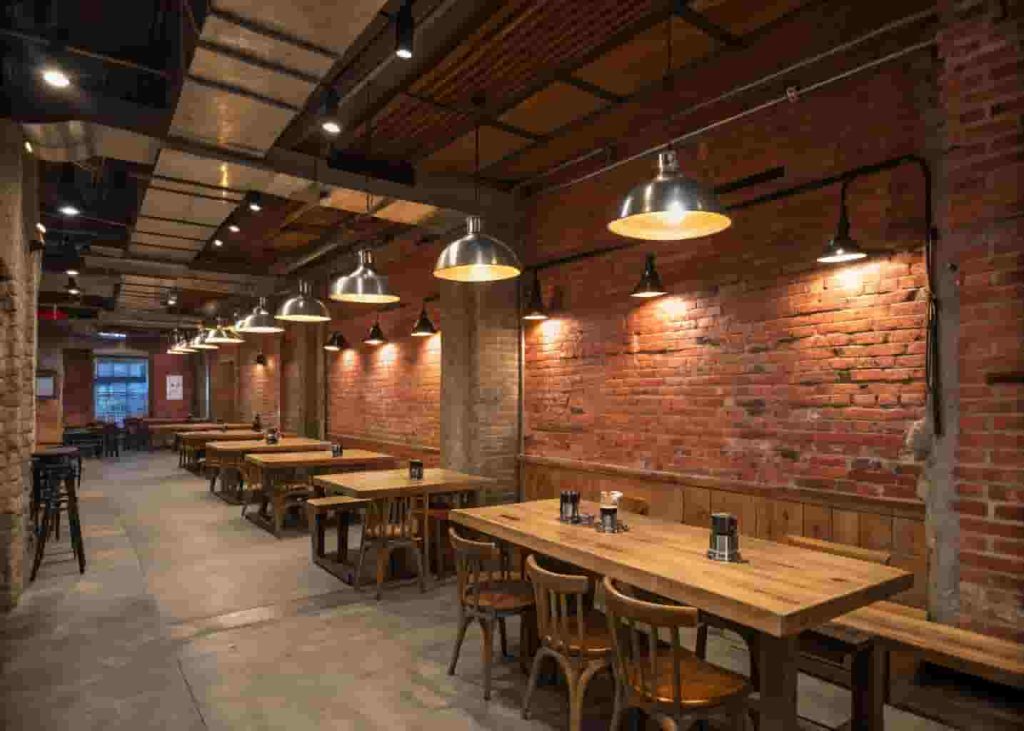 Restaurant interior with exposed brick walls, reclaimed wood tables, and concrete flooring