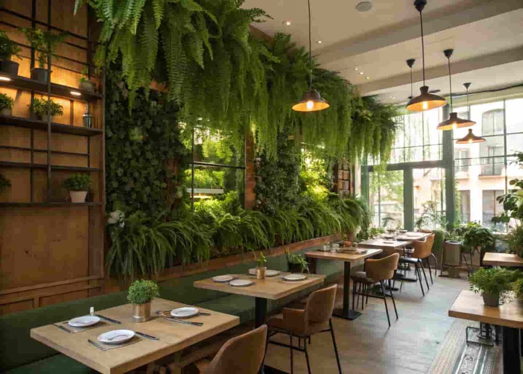 Restaurant interior featuring a lush green plant wall and indoor foliage for a fresh natural atmosphere