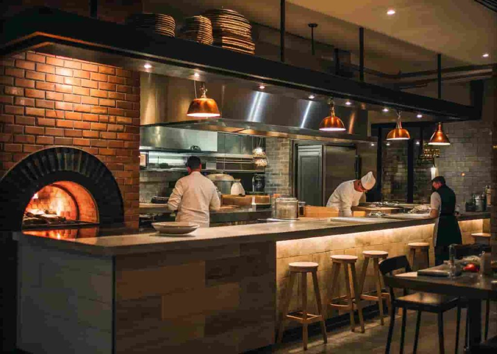 Open kitchen concept in a restaurant showing chefs at work behind a counter with brick oven