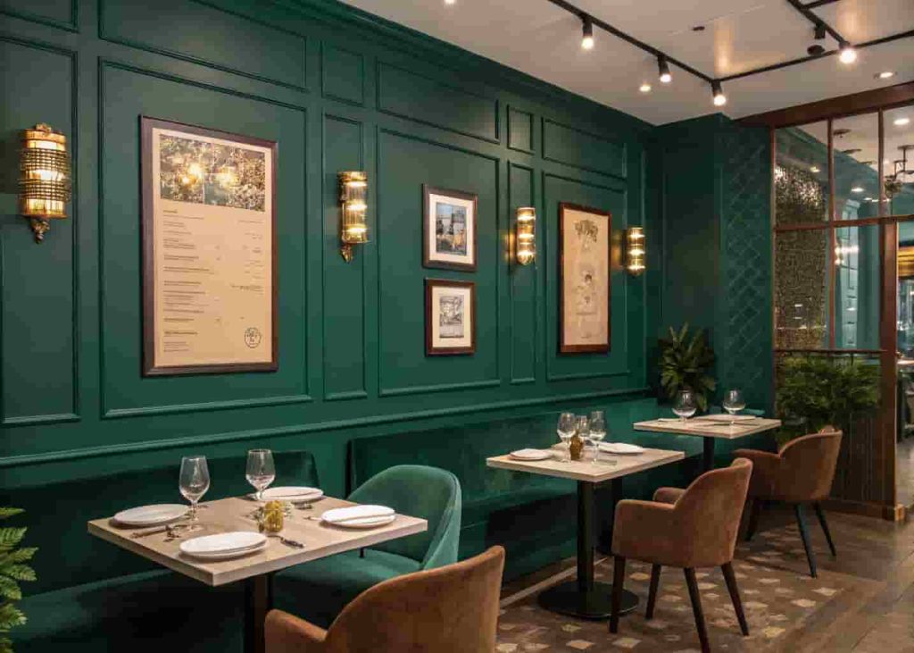 Restaurant with a cohesive deep green color palette across walls, furniture, and branding elements