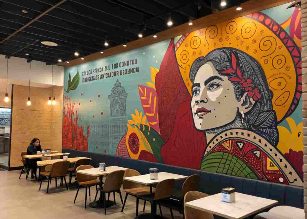 Large colorful mural covering a restaurant wall as a bold statement art piece