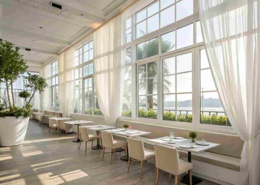 Bright restaurant interior with floor-to-ceiling windows and natural daylight illuminating the dining area