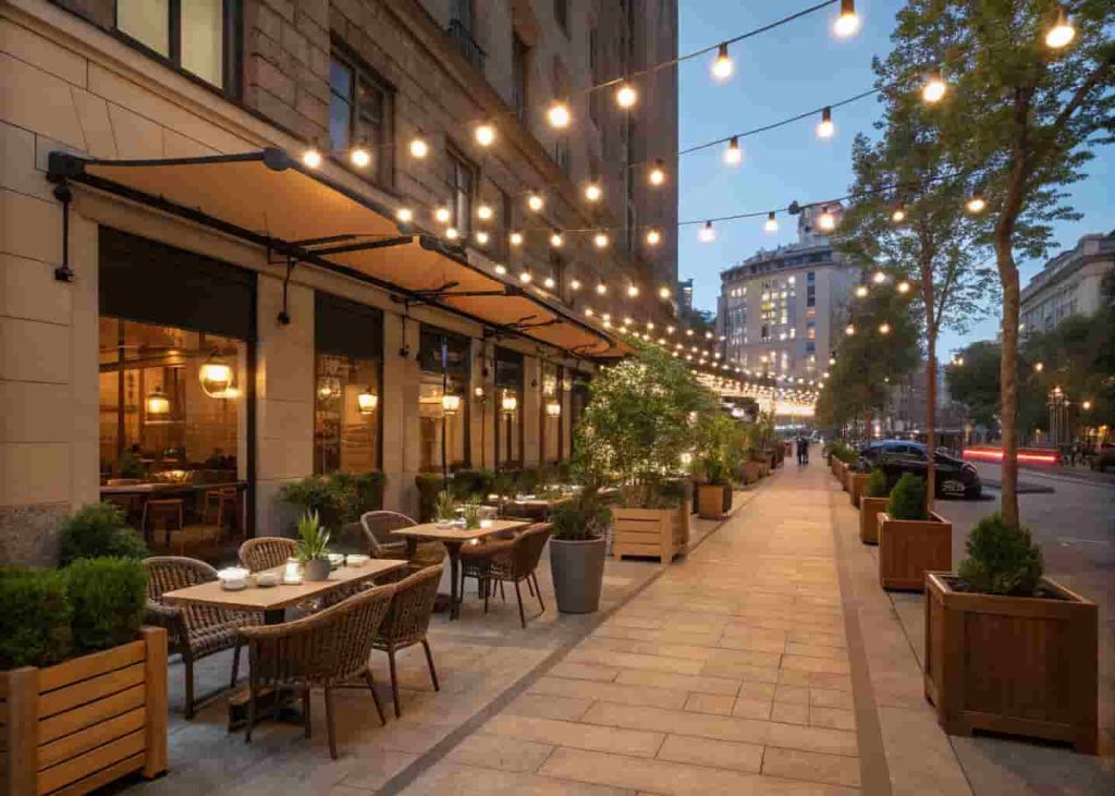 Restaurant outdoor patio with string lights, potted plants, and comfortable weatherproof bistro seating at evening