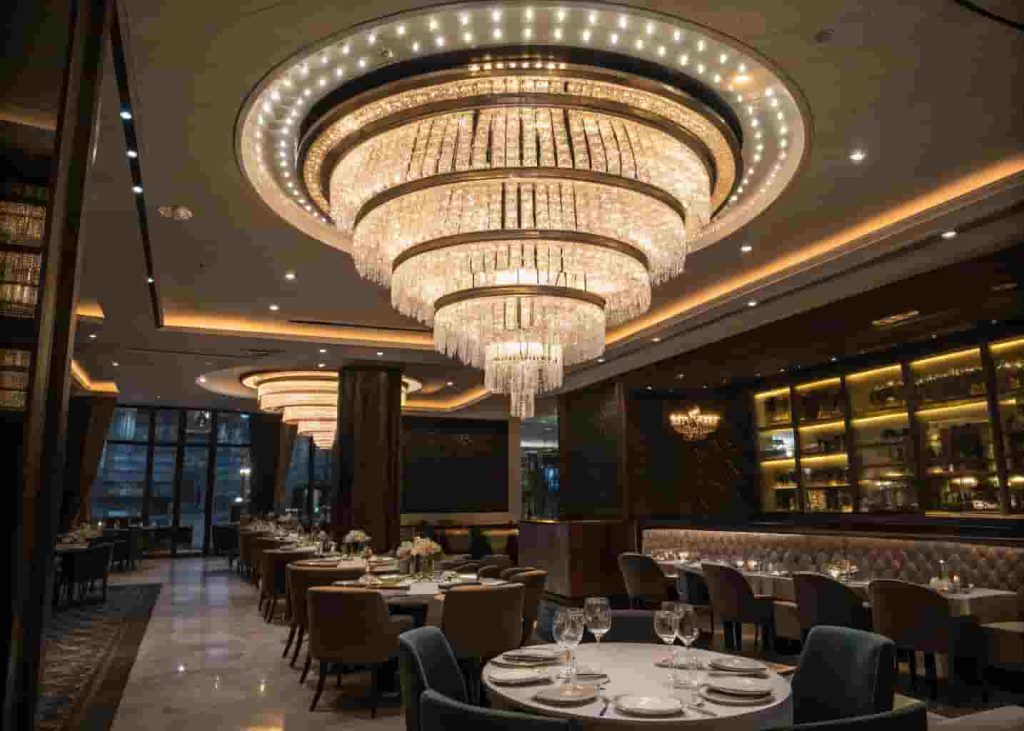 Dramatic restaurant focal point with a floral ceiling installation or neon sign as an Instagram-worthy design feature