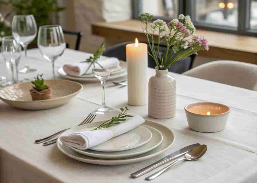Elegantly set restaurant table with linen napkin, bud vase, candle, and polished cutlery in soft lighting