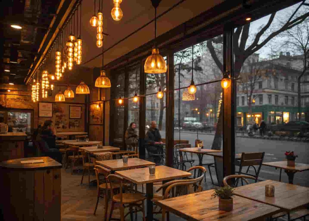 Warm Edison bulb lighting inside a cozy cafe creating a relaxing golden atmosphere