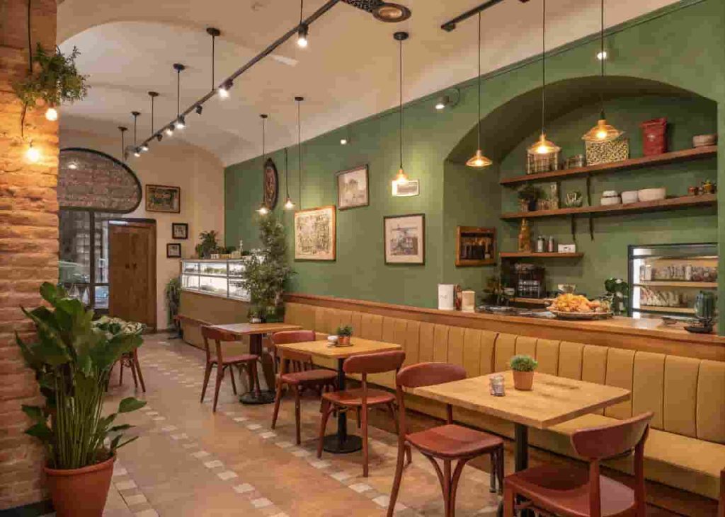 Cafe interior with natural wood furniture and earthy tones creating a warm and grounding atmosphere.