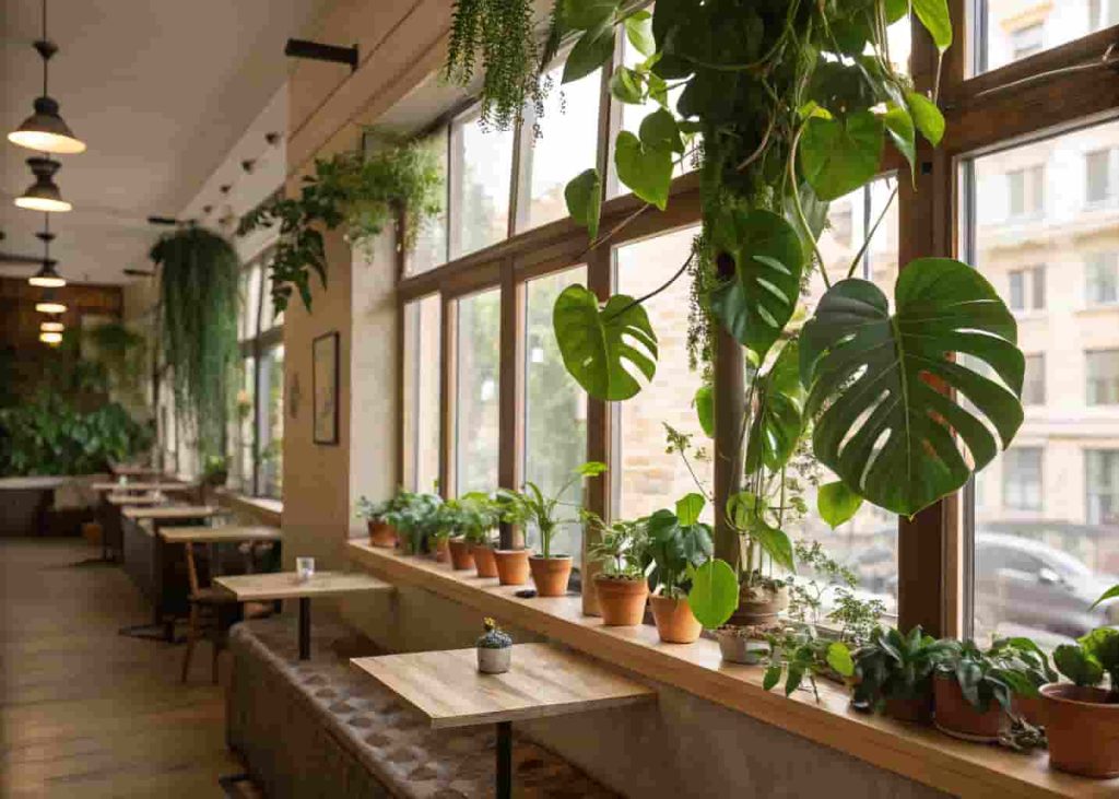 Cozy cafe filled with lush indoor plants and natural greenery creating a fresh relaxing environment.