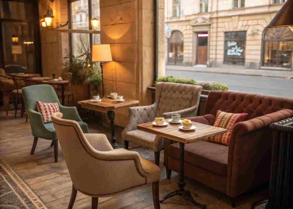 Inviting cafe seating area with cushioned chairs and a cozy armchair in a warmly decorated corner.