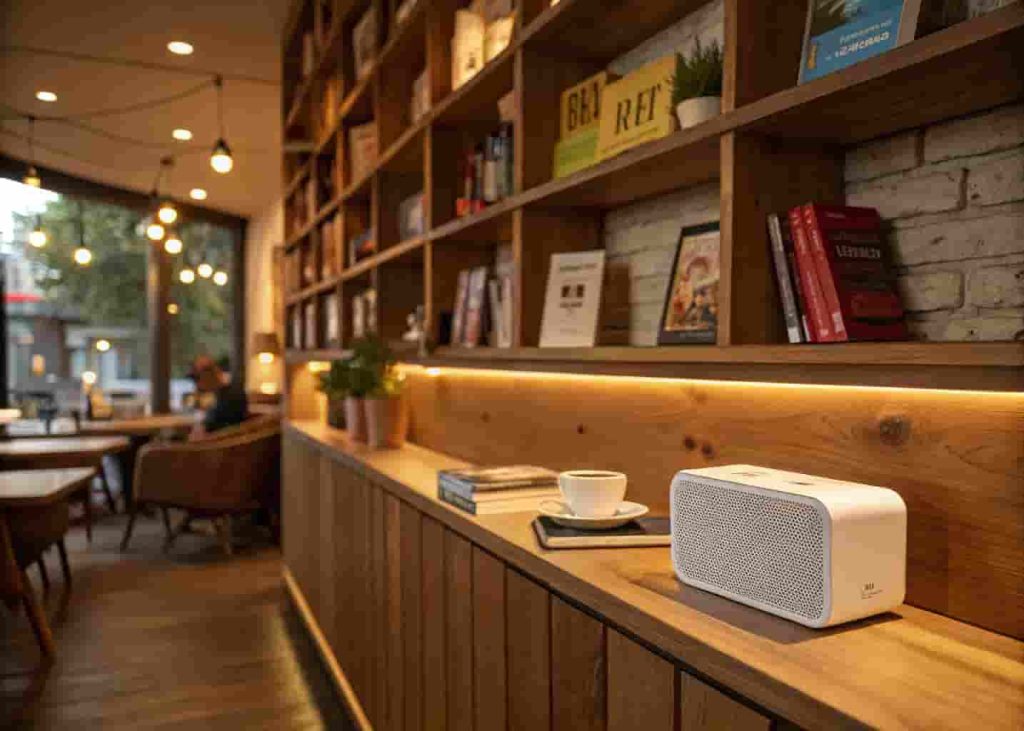 Quiet cafe corner with soft lighting and a small speaker suggesting a calm and intentional music atmosphere.