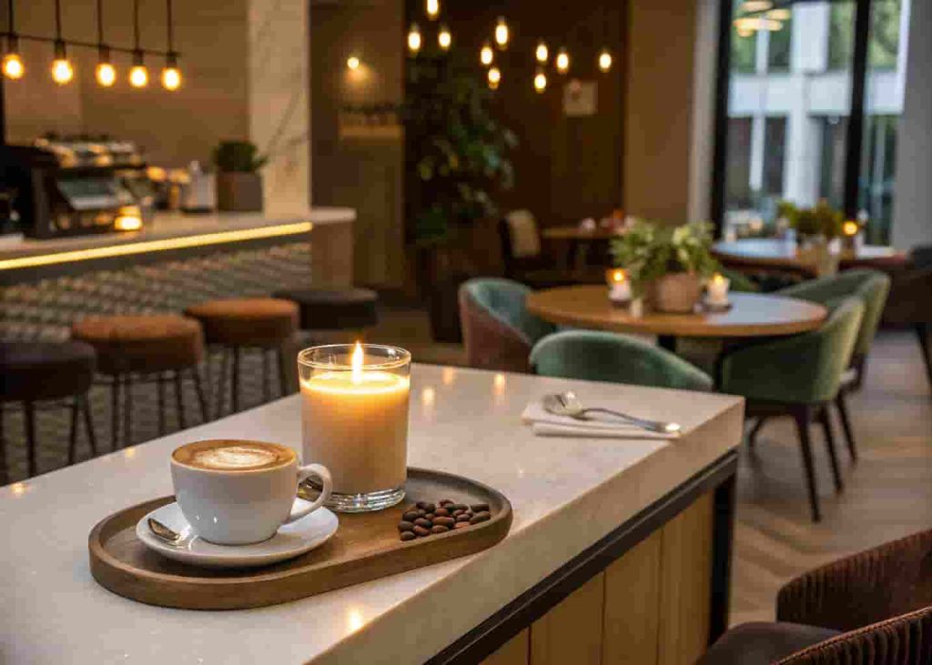 Cafe counter with a lit candle and freshly brewed coffee creating an inviting and aromatic atmosphere.