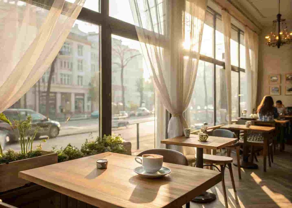Sunlit cafe interior with large windows and sheer curtains creating a bright and peaceful daytime atmosphere.