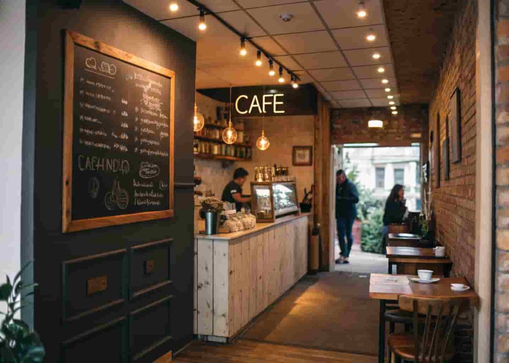 Cafe chalkboard menu handwritten on a wall with warm lighting and a charming authentic coffee shop atmosphere.