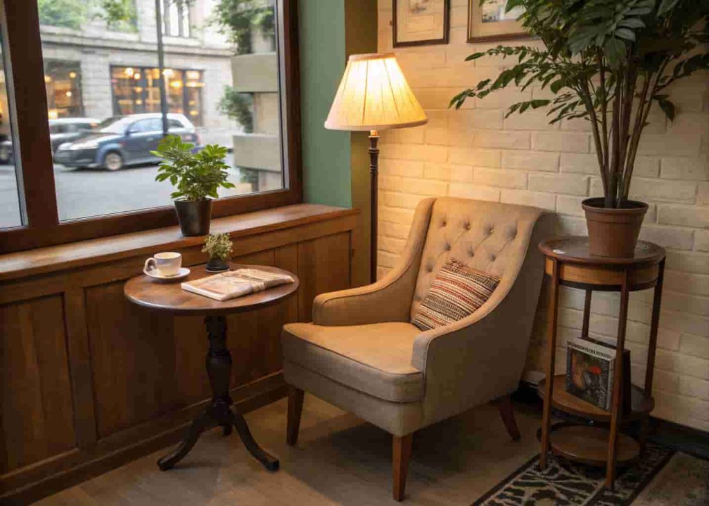 Cozy cafe reading corner with an armchair, warm lamp, side table, and a plant creating a personal and inviting space.