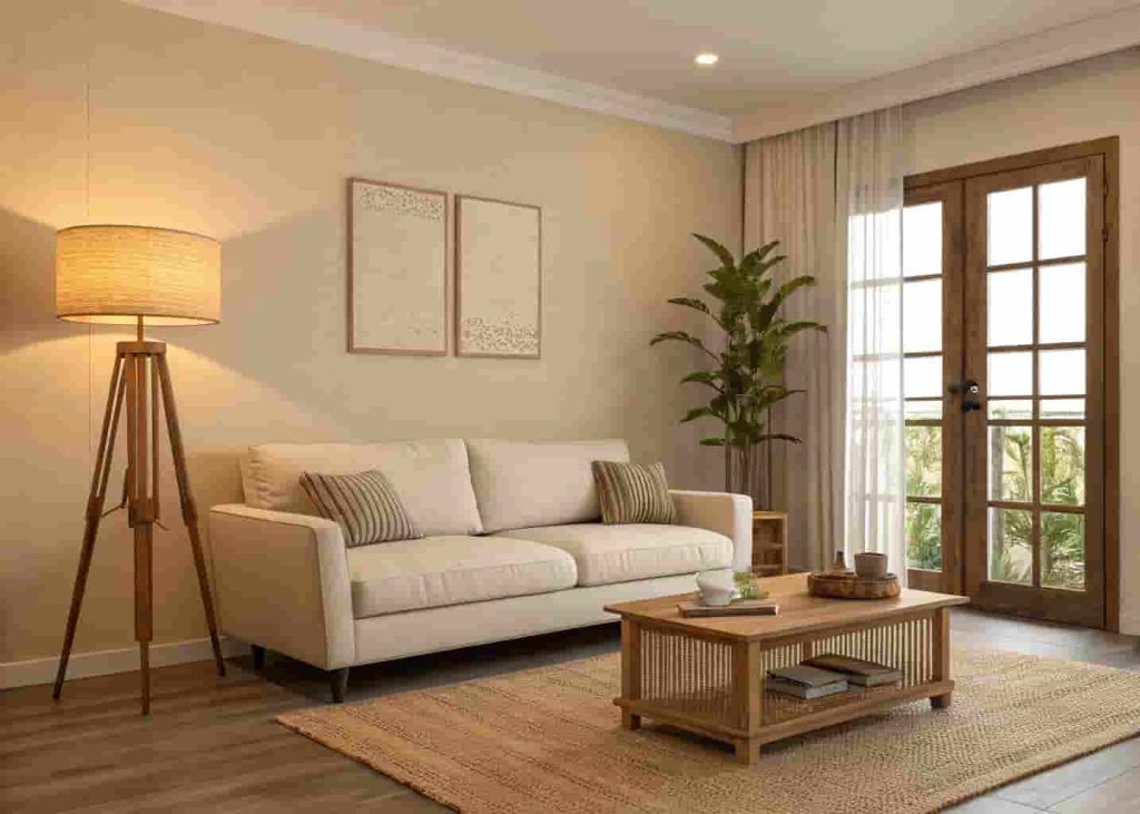 Minimalist living room with warm beige walls and natural wood furniture in 2026 style
