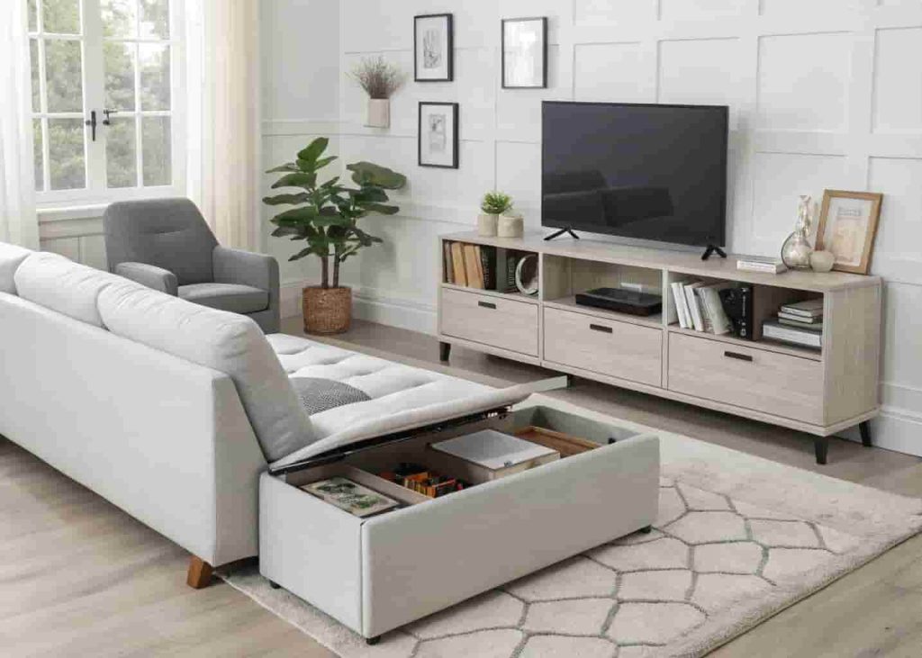 Multi-functional minimalist furniture in a modern 2026 living room with storage ottoman and wall-mounted unit