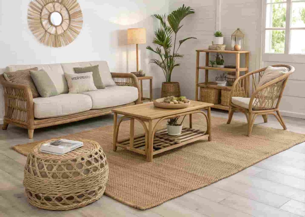 Natural materials in a minimalist living room with jute rug, rattan furniture, and linen sofa in 2026
