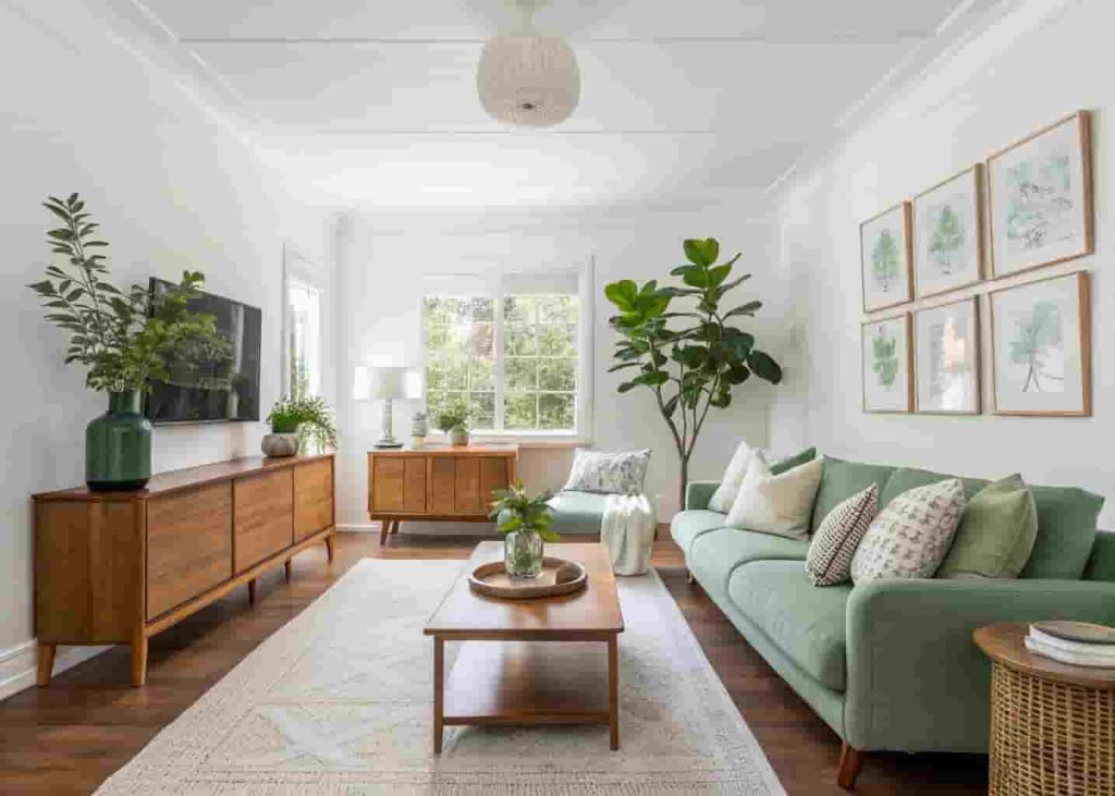 Three color minimalist living room with white walls, wood furniture, and sage green accents in 2026