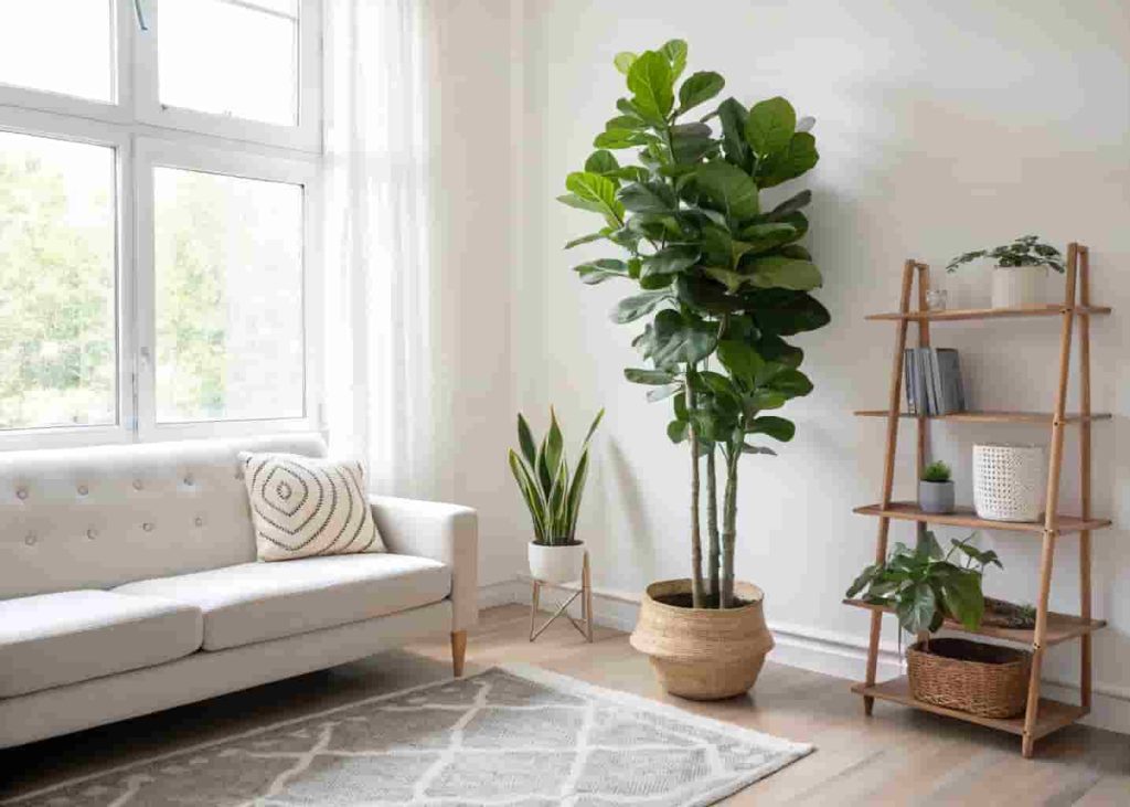 Indoor plants in a minimalist living room with fiddle leaf fig and snake plant adding greenery in 2026