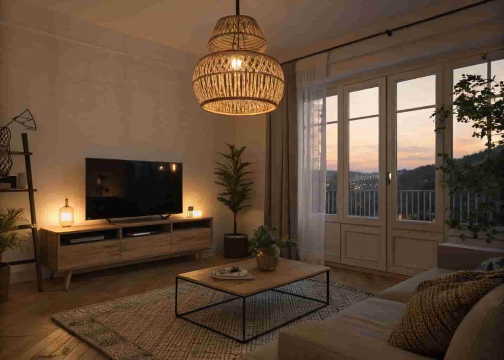 Statement lighting in a minimalist living room with pendant light and warm floor lamp creating cozy ambiance in 2026