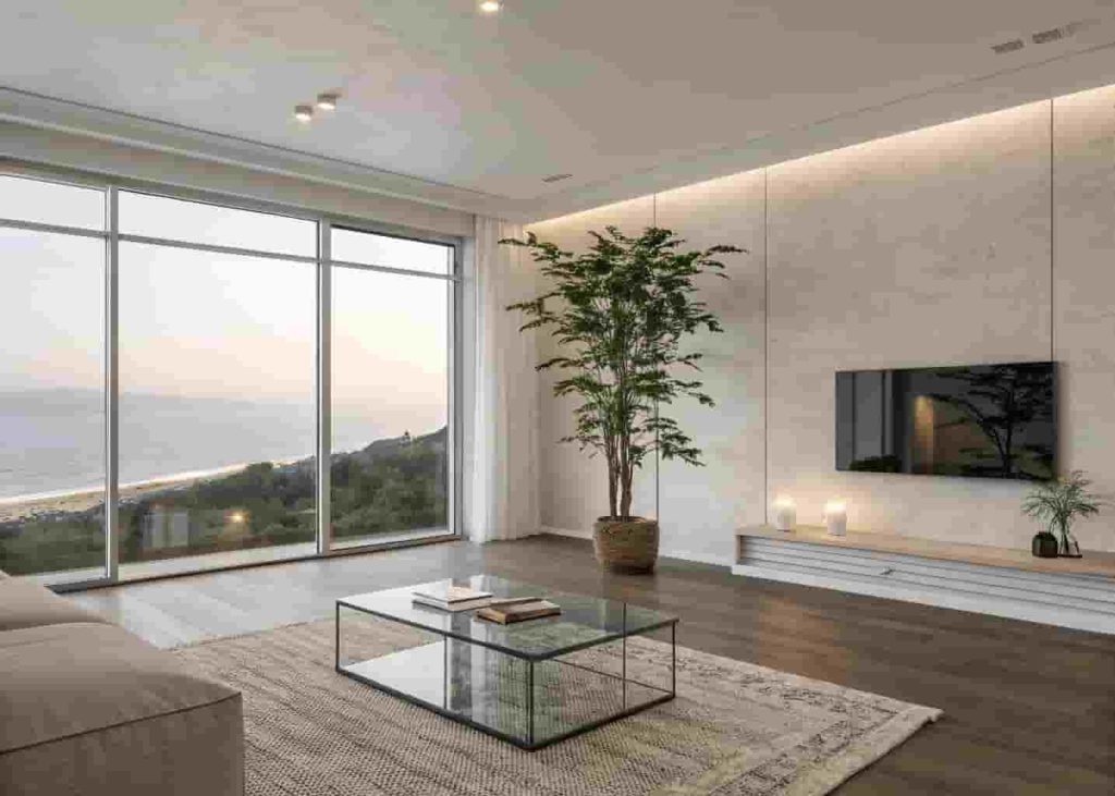 Minimalist living room with negative space, clear surfaces, and open floor plan showing 2026 decor style