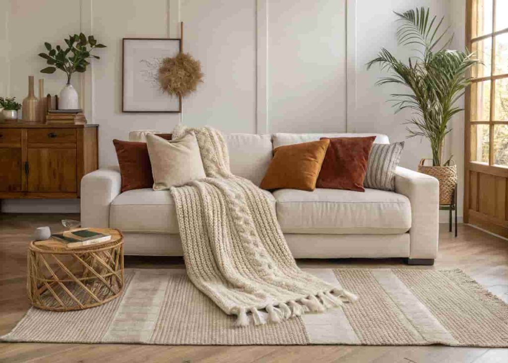 Layered textures in a minimalist living room with boucle sofa, knit throw, and wool rug in 2026 style