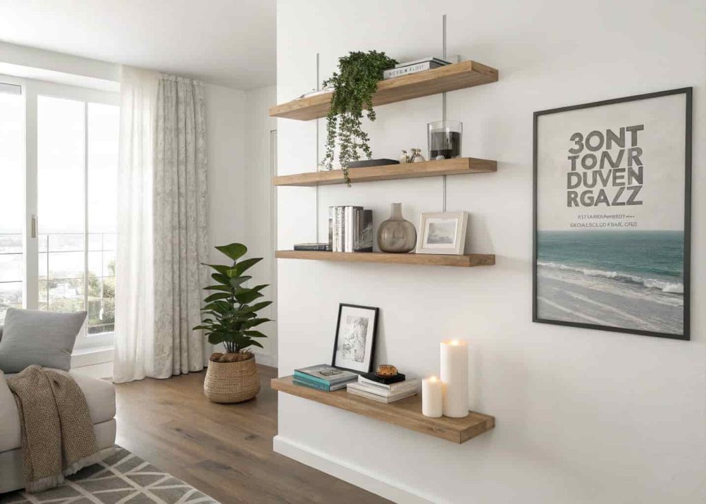 Vertical floating shelves and large wall artwork in a minimalist living room creating height and style in 2026