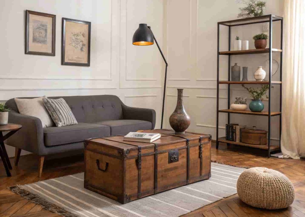 Mixing vintage and modern furniture in a minimalist living room for a personal touch in 2026 home decor