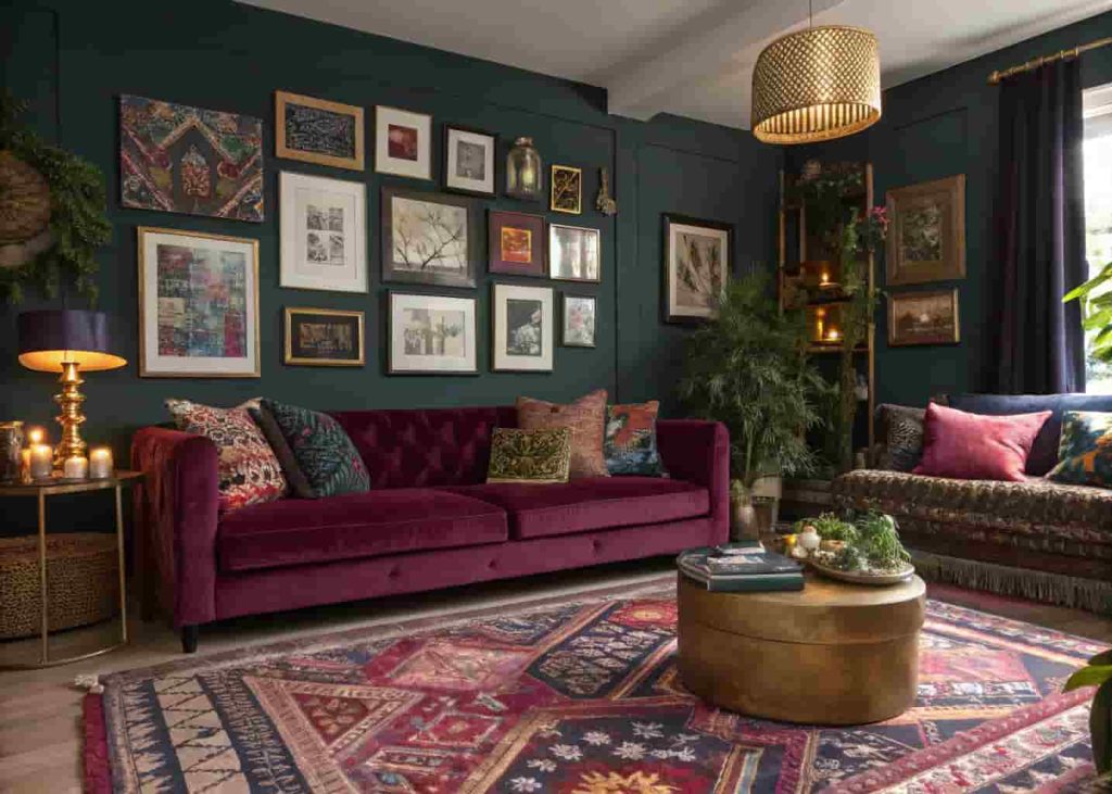 A richly layered mix maximalist living room featuring a deep green velvet sofa, layered rugs, brass lamps, and colorful throw cushions in 2026.