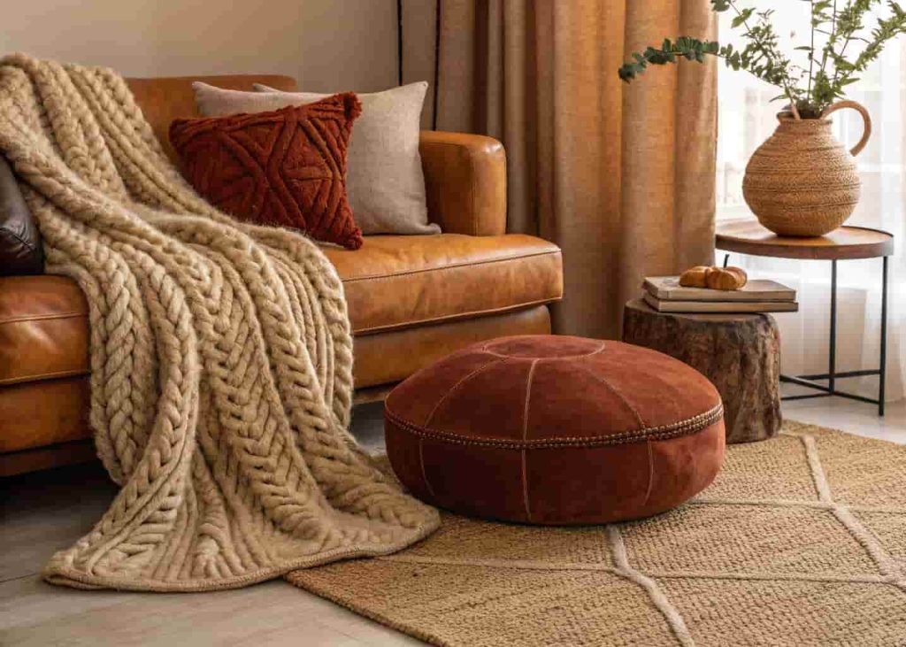 Close-up of layered textures in a maximalist living room including velvet, linen, jute, leather, and chunky knit materials in warm earth tones.