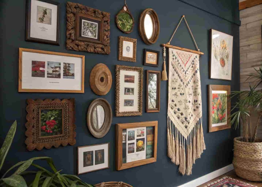 An eclectic maximalist gallery wall featuring mixed frame sizes, textures, mirrors, woven pieces, and colorful art prints arranged asymmetrically