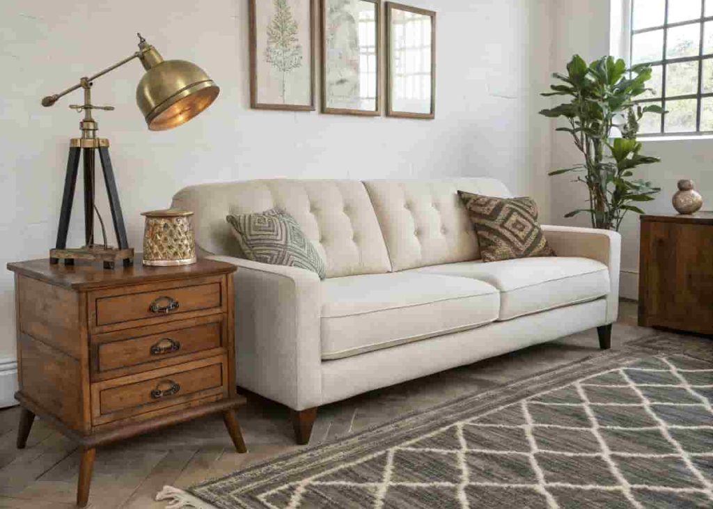 A living room blending vintage and modern decor with a contemporary sofa, antique wooden side table, brass vintage lamp, and modern geometric rug.