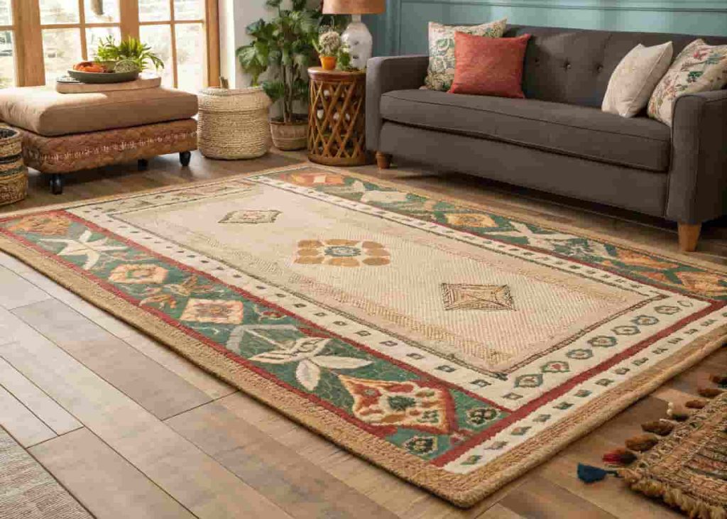 Layered rugs in a maximalist living room with a large flat jute rug as the base and a smaller decorative Moroccan style rug layered on top