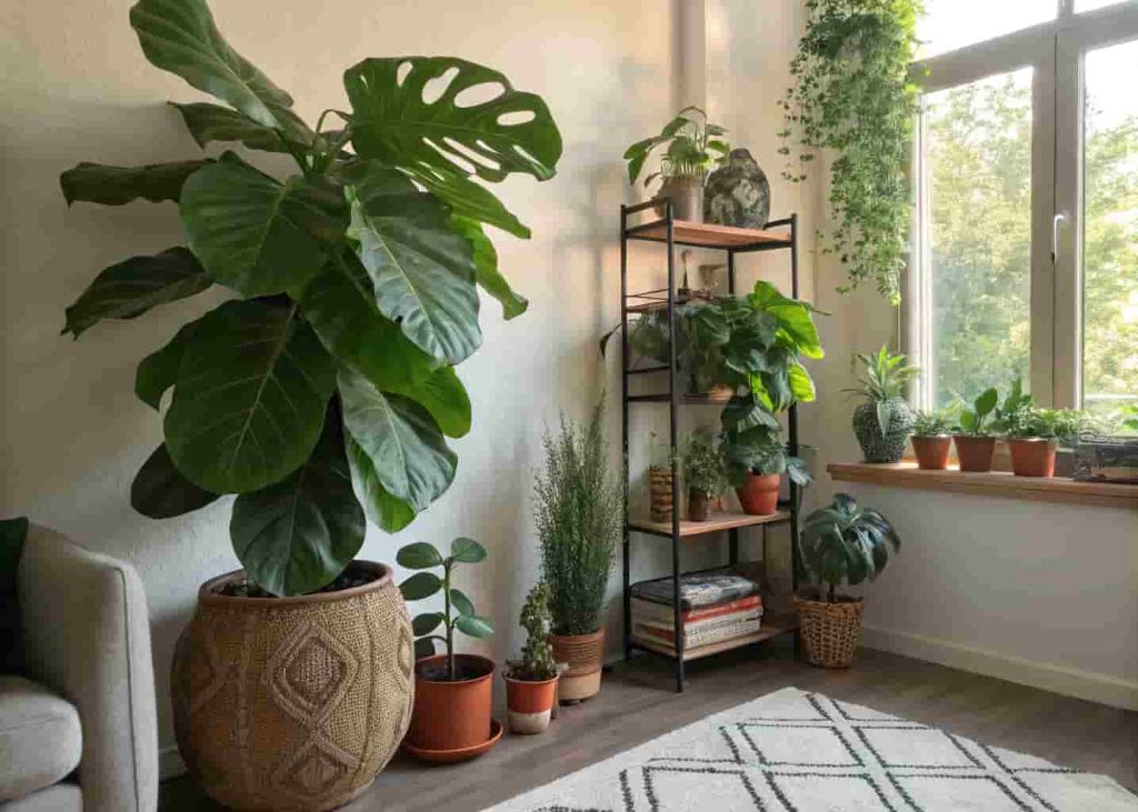 A lush maximalist living room corner with multiple indoor plants including fiddle leaf fig, monstera, pothos, and succulents styled in terracotta and ceramic pots.
