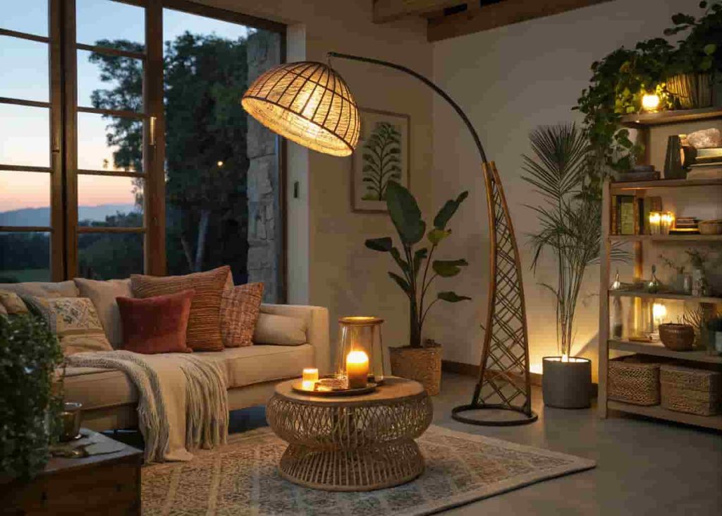 A maximalist living room lit by layered lighting sources including an arched rattan floor lamp, brass table lamp, and warm candlelight creating a cozy golden glow.