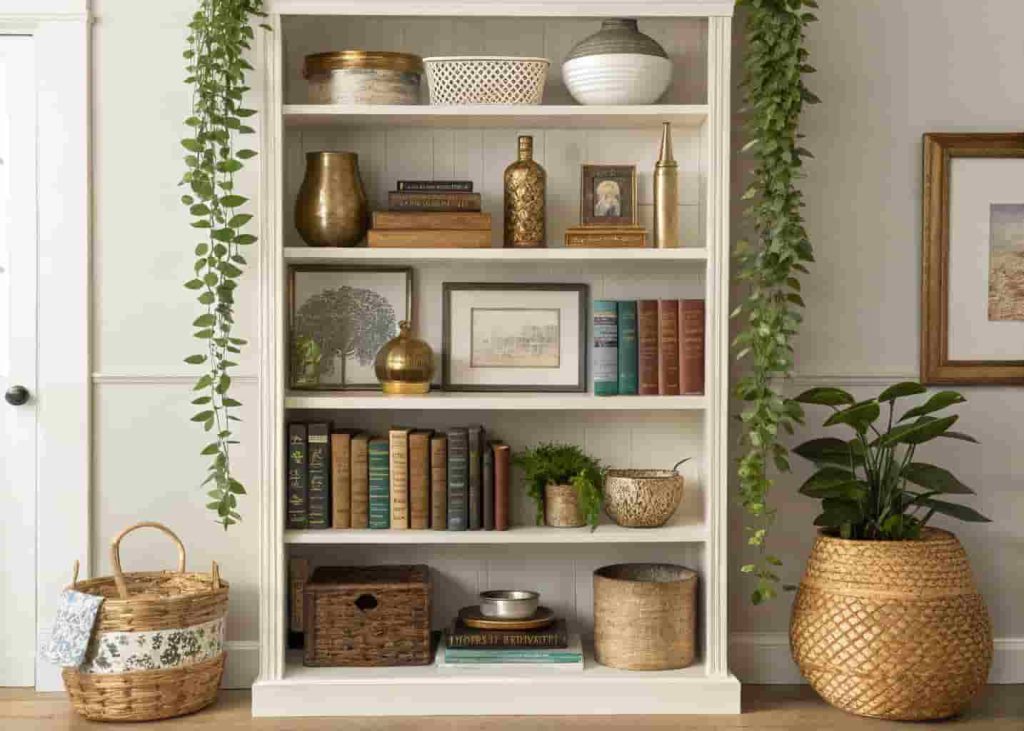 A styled maximalist open shelf featuring books, ceramic vases, brass objects, framed art, trailing plants, and woven baskets layered together in warm tones.
