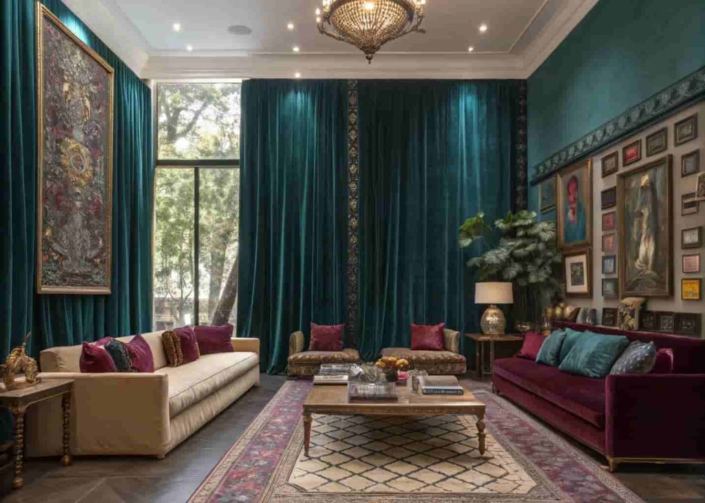 Dramatic floor-to-ceiling velvet curtains in a deep jewel tone in a maximalist living room creating a luxurious layered atmosphere.