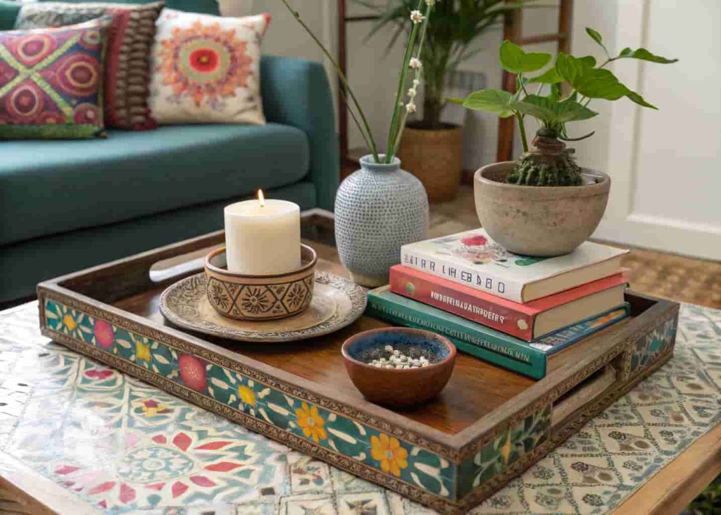 A maximalist coffee table styled with a decorative tray, candle, single stem vase, stacked books, ceramic bowl, and trailing plant in warm earthy tones.