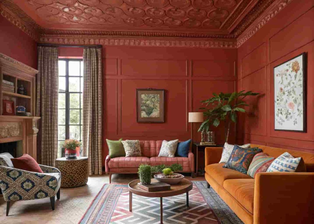 A color-drenched maximalist living room with walls, ceiling, and trim all painted in the same deep forest green, making furniture and accessories pop dramatically.