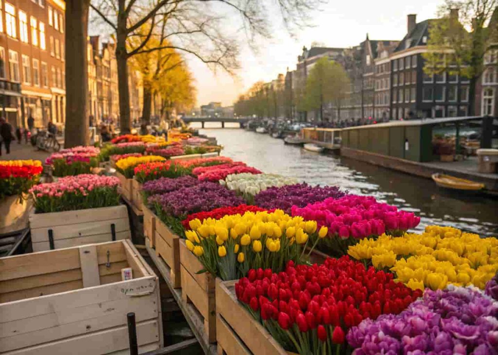 Real photo of Amsterdam's Bloemenmarkt floating flower market with rows of colorful tulips on wooden stalls along the canal.