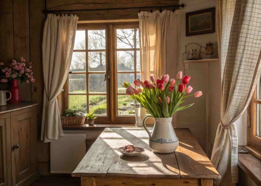 Real photo of a cozy home interior with a ceramic vase of fresh tulips on a wooden table near a window with linen curtains.