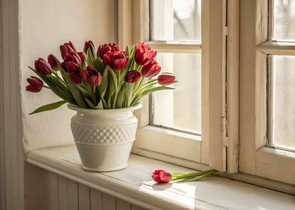 Real photo of a white ceramic pot holding deep red tulips on a cream windowsill with soft natural light.